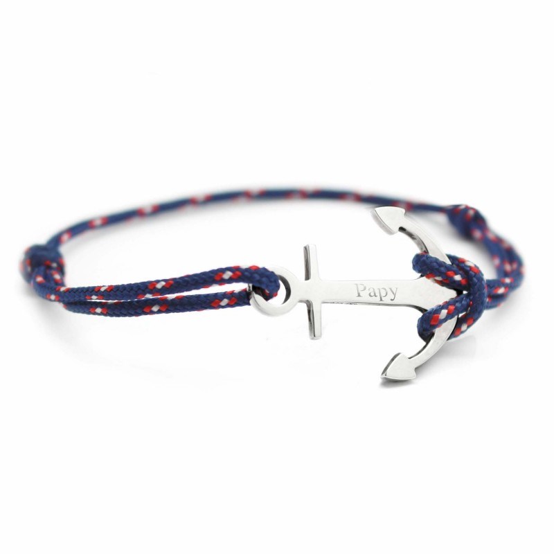 Bracelet cordon ancre argent 925 homme - gravure PAPY