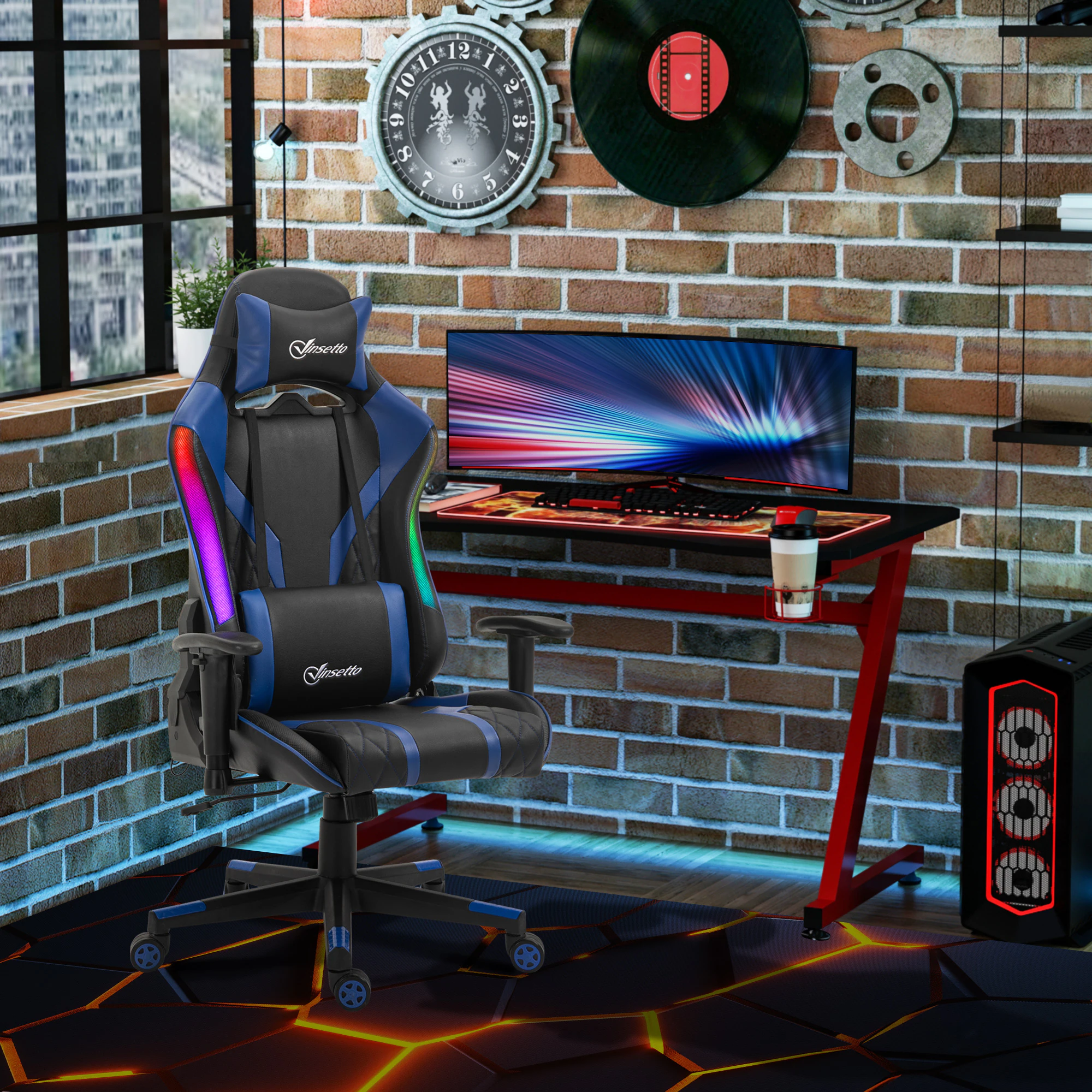 Vinsetto Gaming Stuhl mit LED-Beleuchtung schwarz, blau 70B x 57,5T x 126-136H cm
