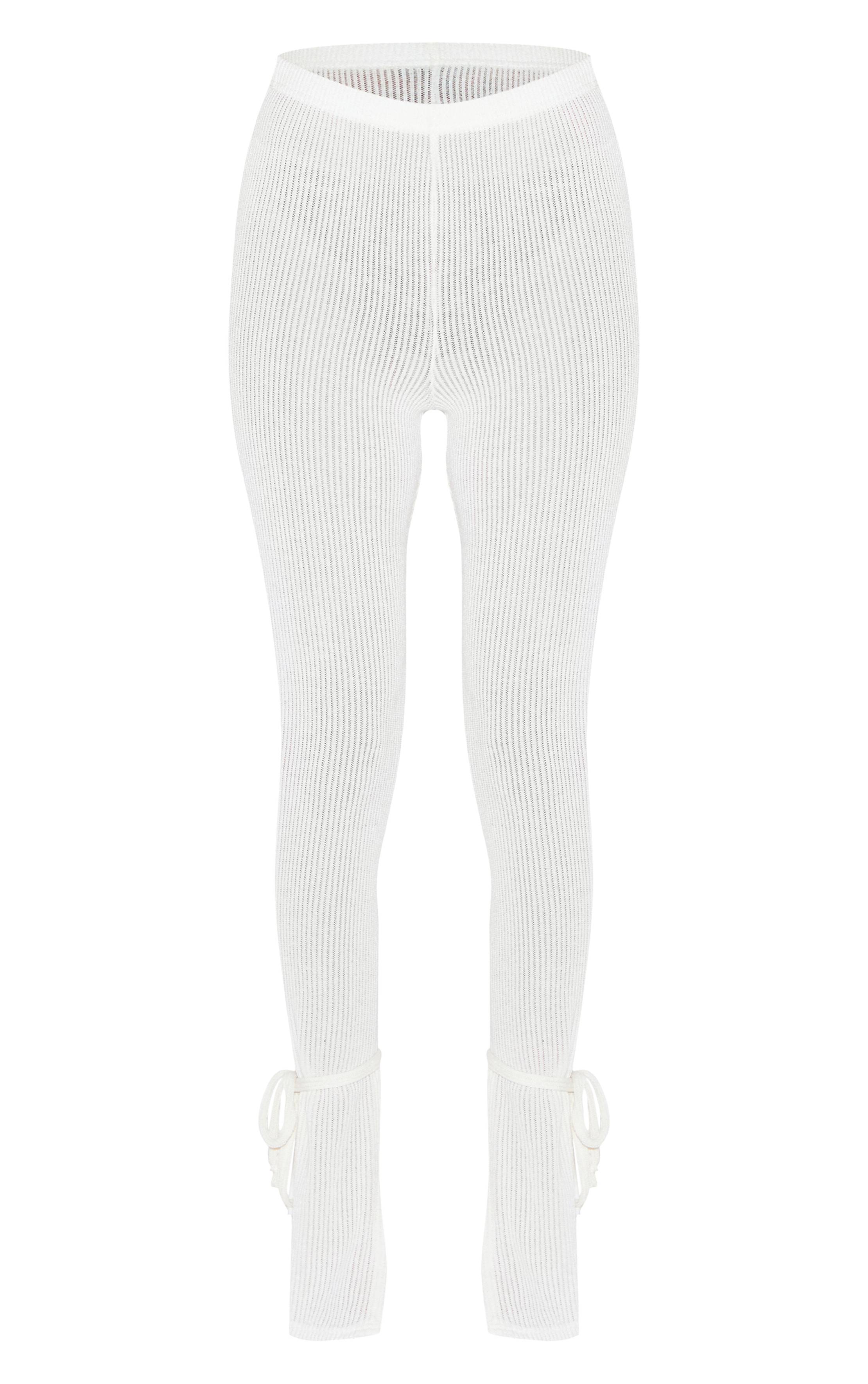 Crème Legging Côtelé Transparent Doux Avec Ourlets Fendus Et Liens Décoratifs