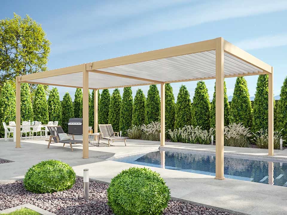 Pergola bioclimatique 4x8m autoportee eclipse 32 - effet bois - 50 lames orientables 120° - structure en aluminium