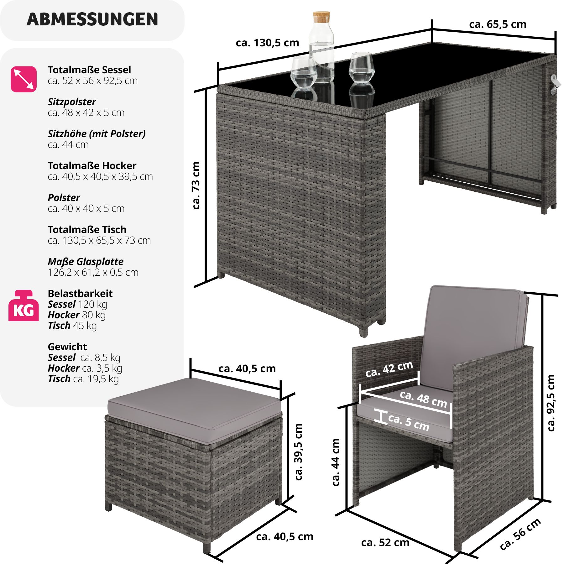 tectake® Rattan Sitzgruppe, für 2 bis 4 Personen, UV-beständig, inklusive Flaschenöffner, zusammenschiebbar