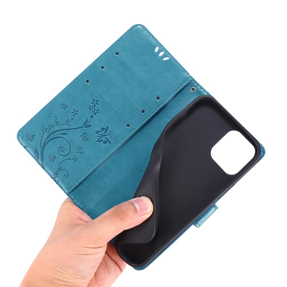 iPhone 12 / iPhone 12 Pro Leder Tasche mit Kartenfach   Handschlaufe Butterfly Flowers - Blau