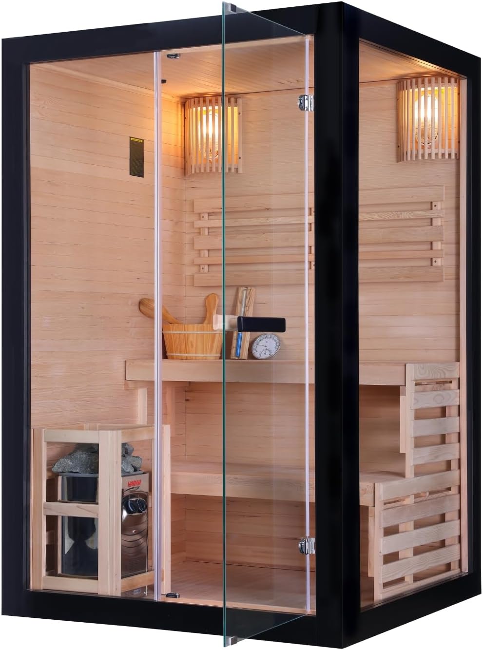SANOTECHNIK Infrarotkabine PANORAMA BLACK – Infrarotsauna 2 Personen 130×120×200cm, Harvia 3,5kW Ofen, LED-Farblicht, ESG-Glas – Art.Nr.: J61130