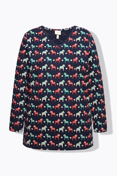 Pyjama-Shirt, Pferde, V-Ausschnitt, Langarm, Biobaumwolle