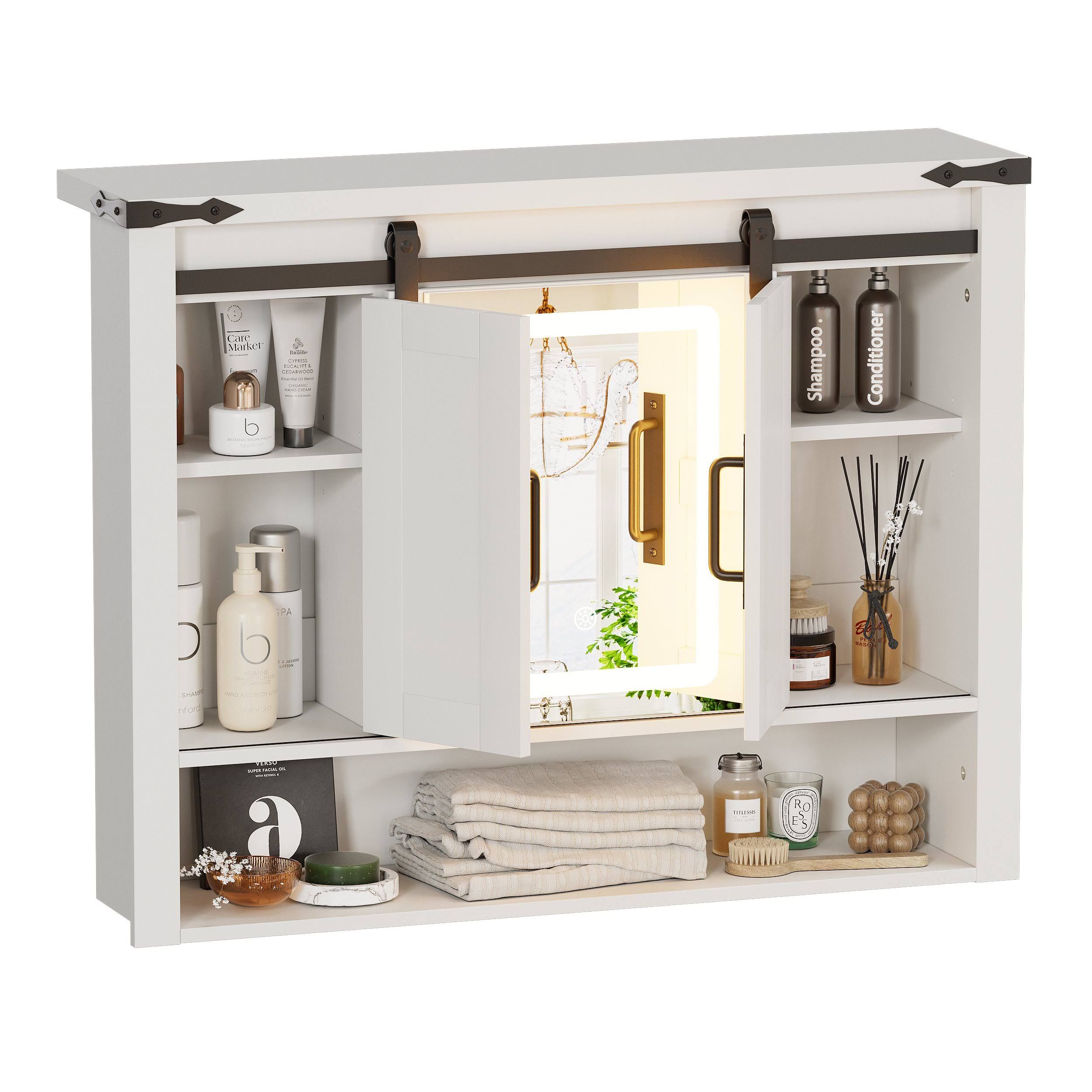 TWSOUL Spiegelschrank Wandschrank mit höhenverstellbaren Regalen, LED-Beleuchtung 3-türig Breite 80cm