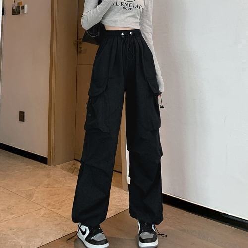 Secolo - Hoge taille, effen, baggy cargobroek met trekkoord