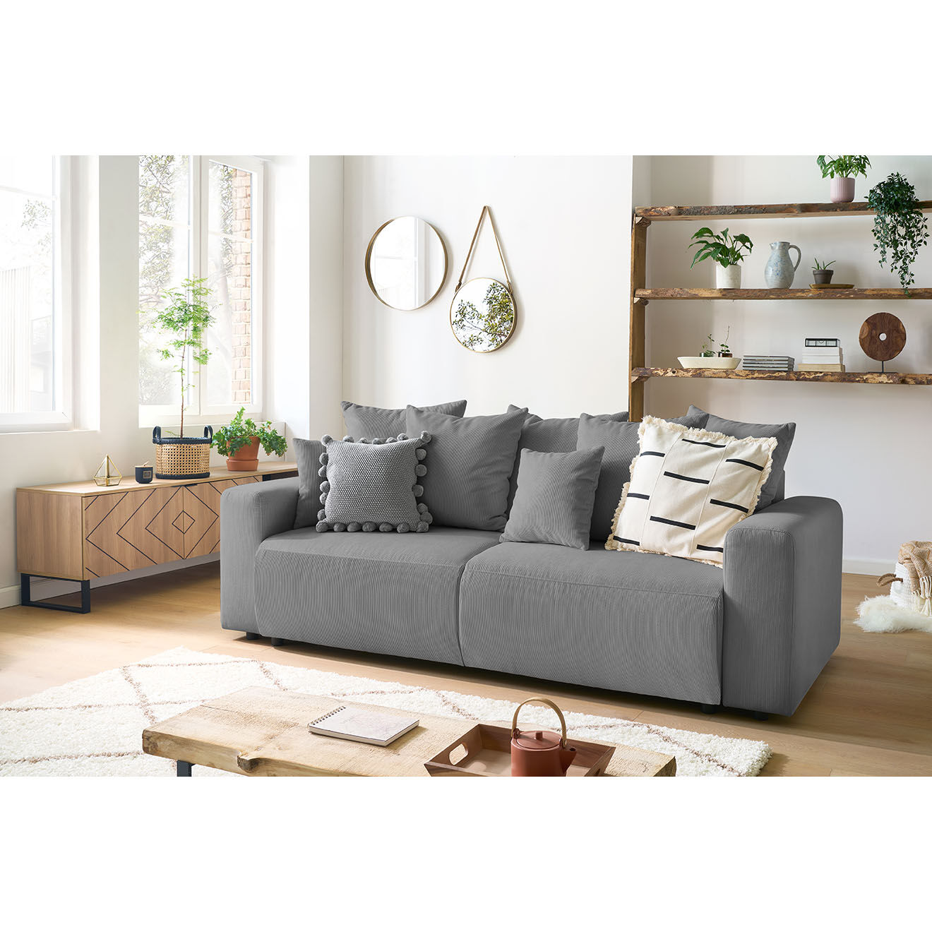 Bobochic Canapé 3 places convertible velours côtelé Envy gris foncé - 245x102x88 cm