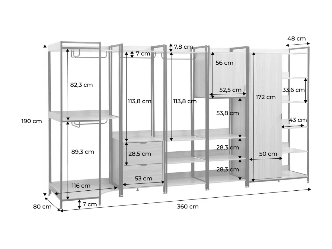 Kit dressing modulable noir avec 5 éléments. L 360 x P 48 x H 190
