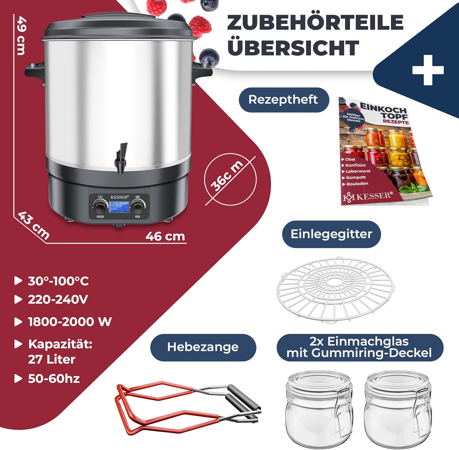 KESSER Einkochautomat 27 Liter Glühweinkocher Glühweinkessel mit Timer 2000 Watt Temperatur von 30-100°C Zeituhr bis 120 Minuten und Dauerbetrieb Abschaltautomatik Einkochvollautomat 2 Gläser & Zange