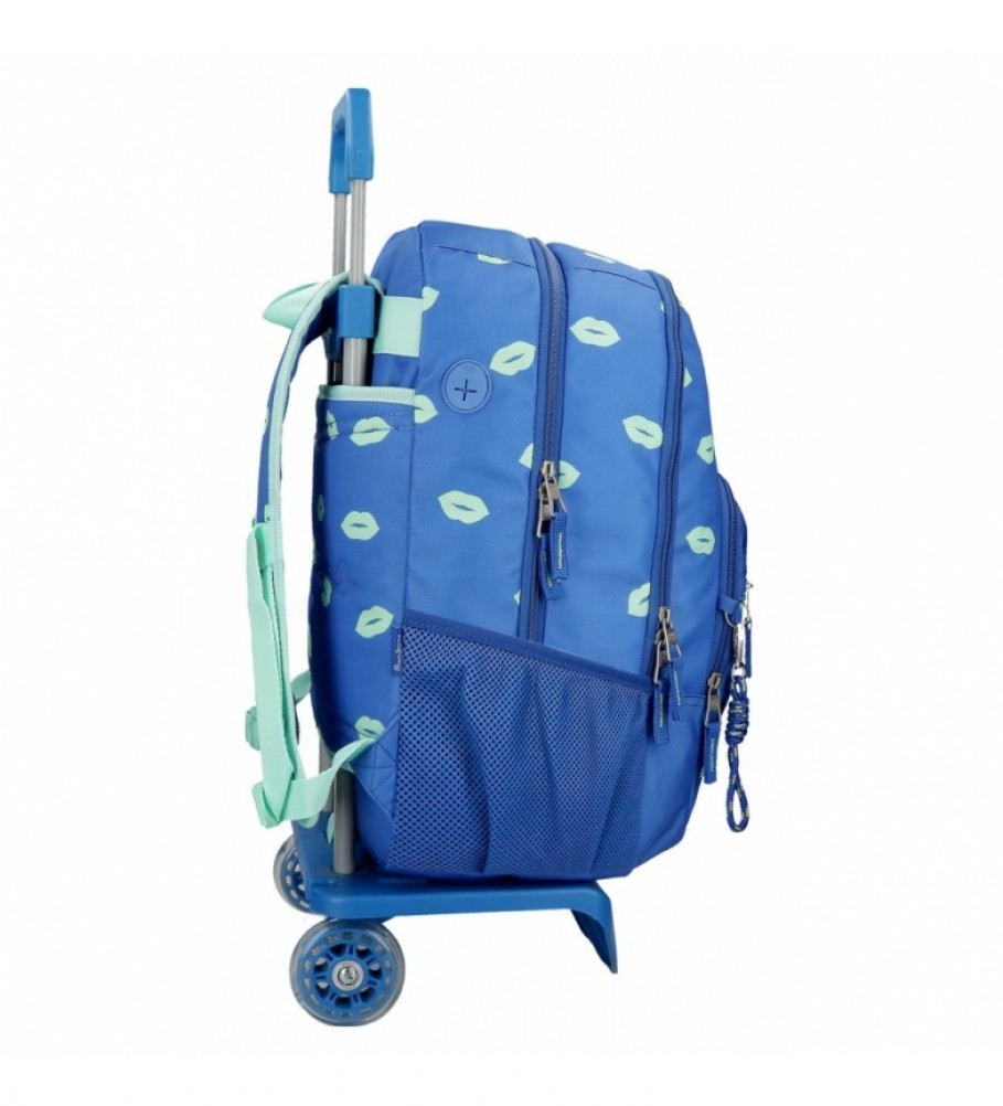 Mochila Pepe Jeans Ruth com zíper duplo e rodinhas - 32x44x22cm - Azul