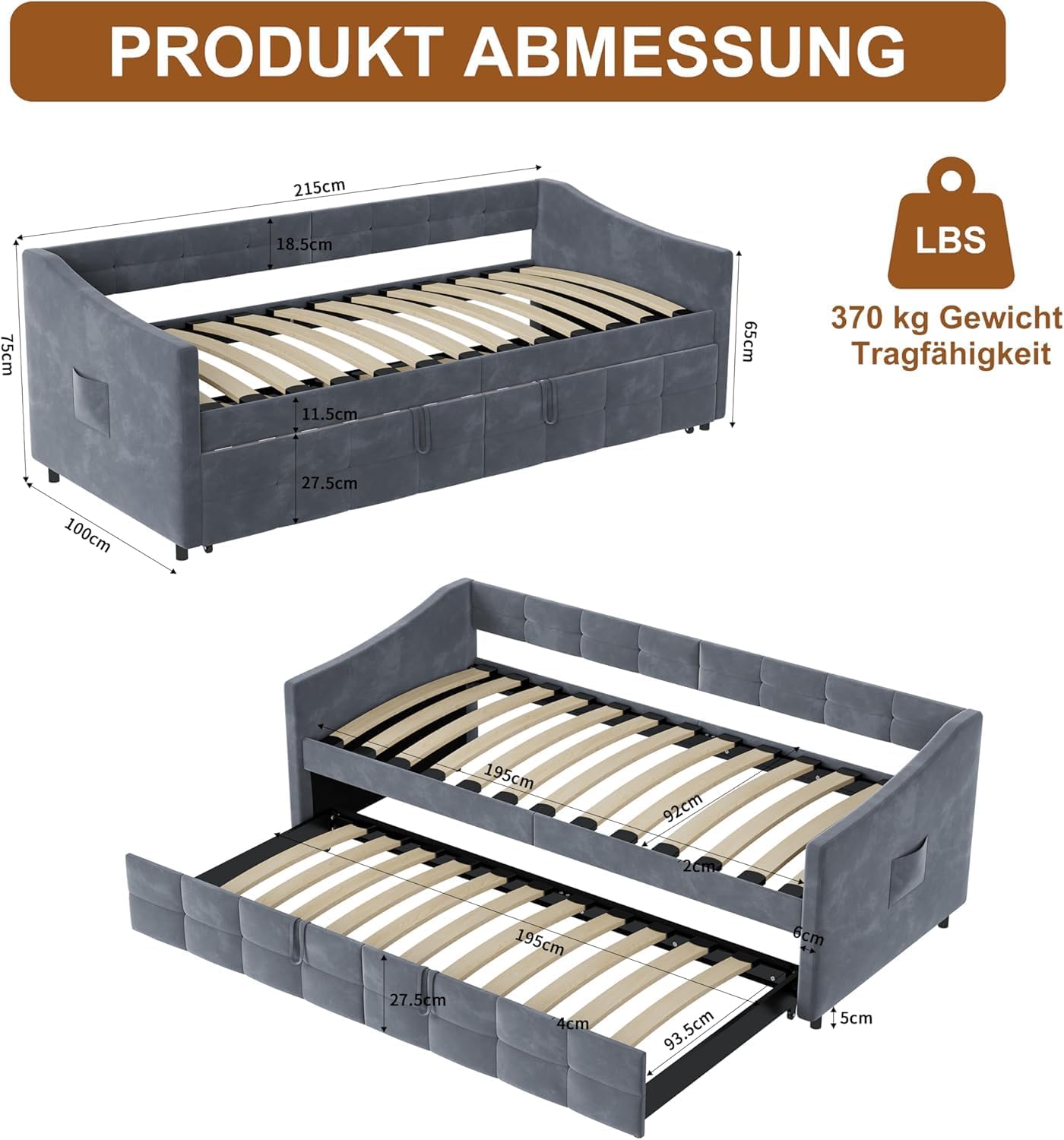 Schlafcouch Ausziehbar, Tagesbett Ausziehbar, Ausziehbett, Schlafcouch 180x200, Flanell, 90/180 x 200 cm, ohne Matratze (Grau)