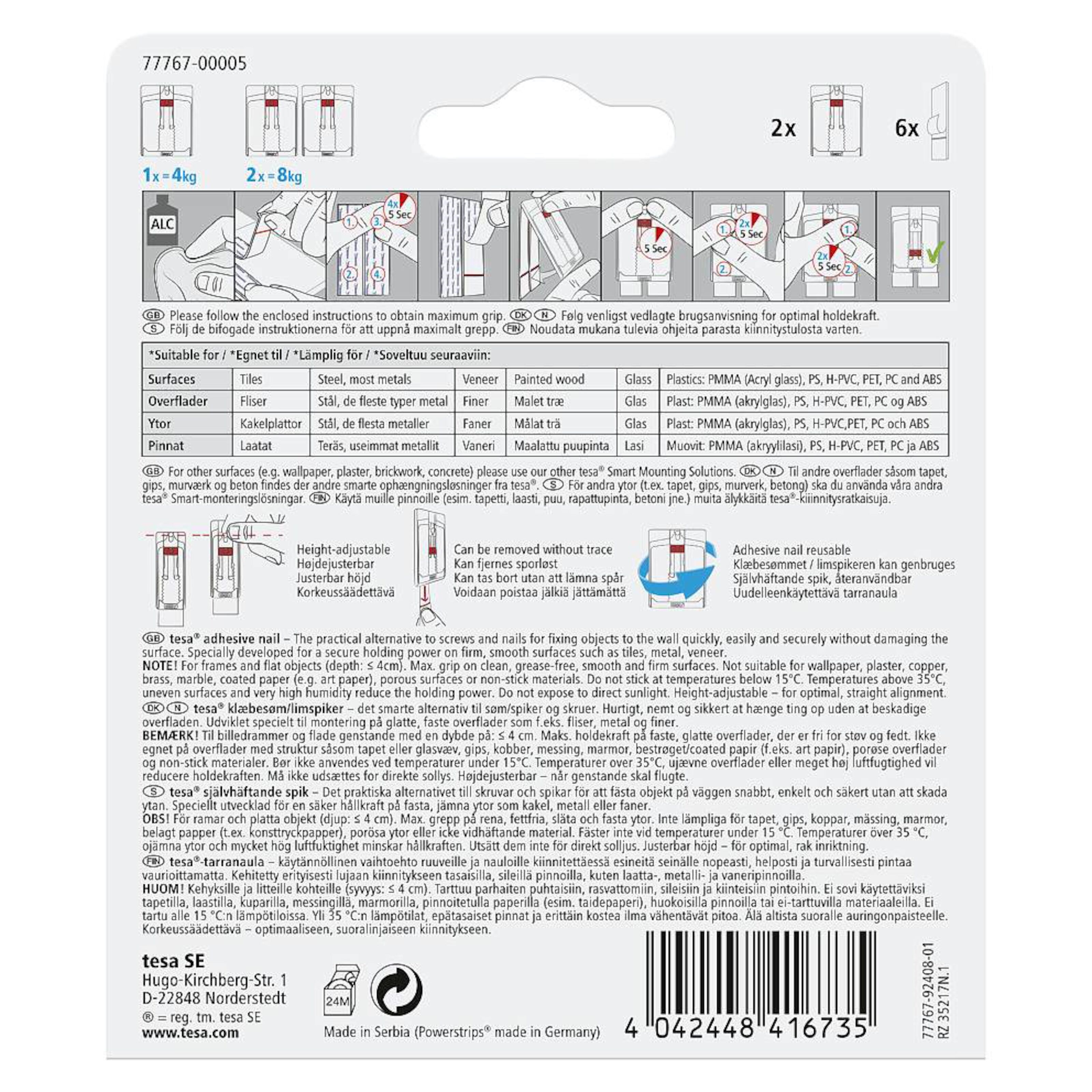 Tesa Justerbar limspiker for kakkel og metall 4 kg 2-pk.