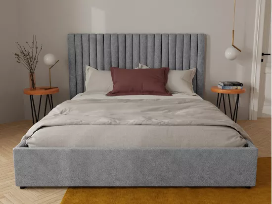 Lit coffre 180 x 200 cm avec tête de lit coutures verticales - Tissu - Gris - SARAH