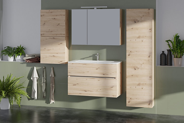 Meuble sous-vasque à suspendre Calao aspect chêne artisan 90 cm + plan vasque en résine blanc