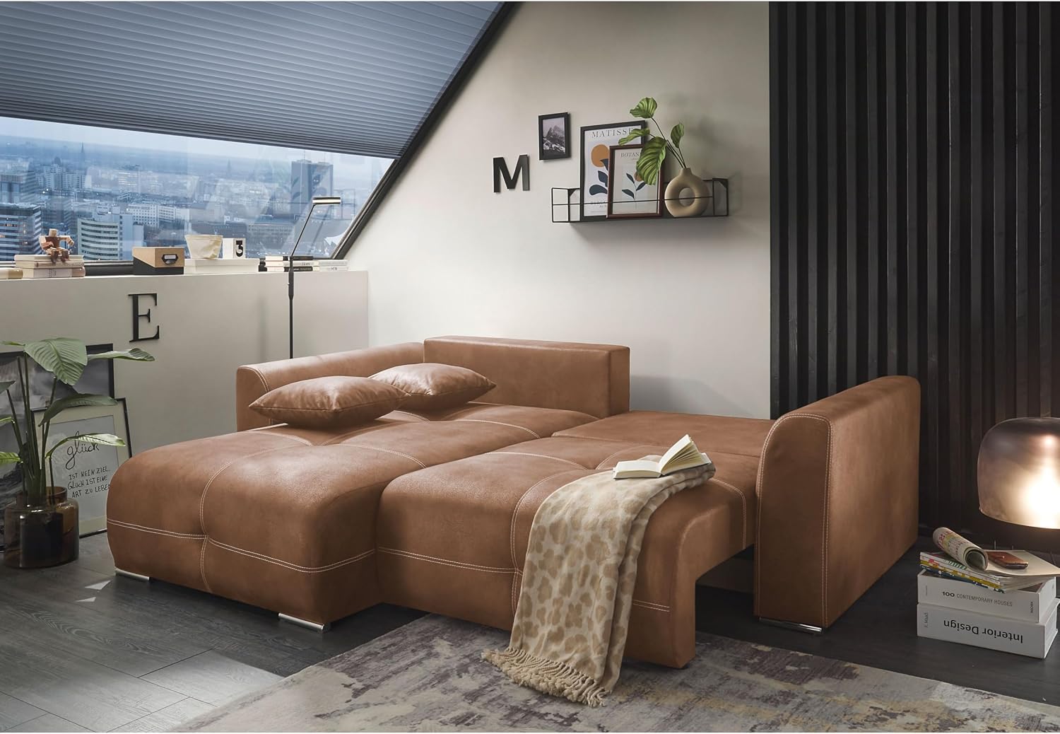 DOLAN Ecksofa mit Schlaffunktion in Lederoptik, Hellbraun - Moderne Eckcouch in L-Form mit Bettkasten - 247 x 90 (70) x 190 cm (B/H/T)
