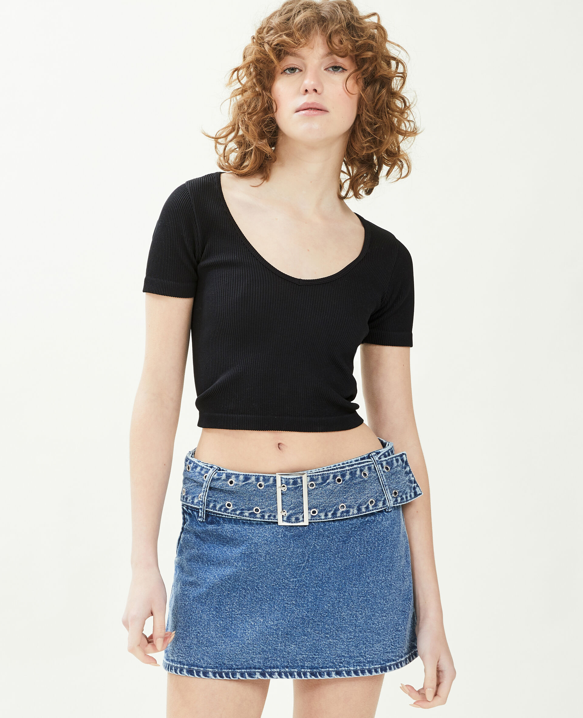 T-shirt cropped col V - Noir