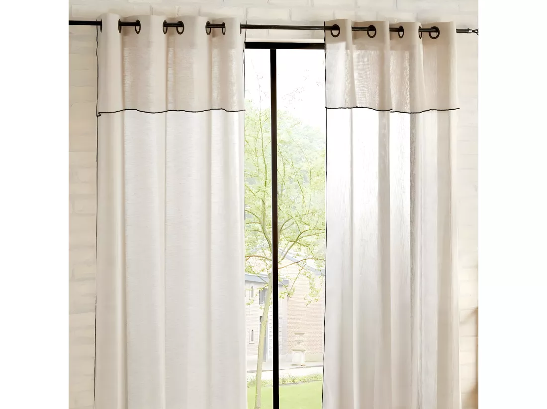Voilage à œillets Beige Lin avec volant et liseré Noir 140 x 240 cm