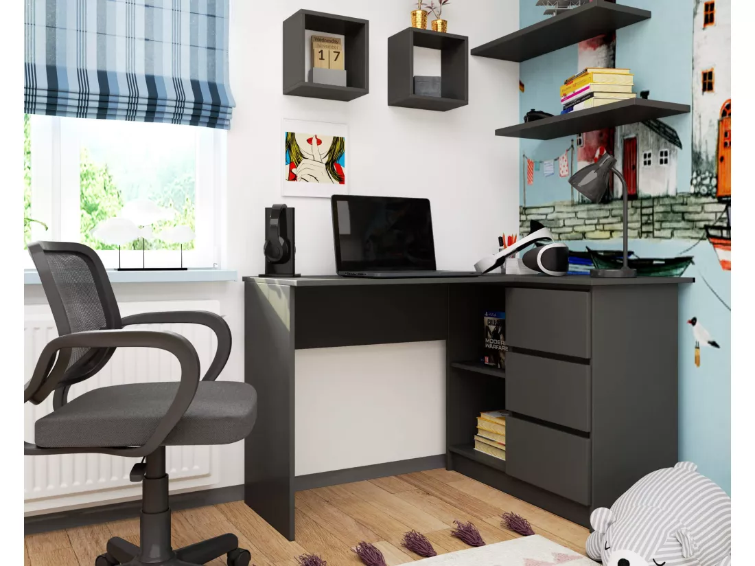 Bureau AKORD d'angle droit B16 Gris Graphite 124 cm 3 tiroirs façade Gris Graphite 2 étagères 124x85x77 cm