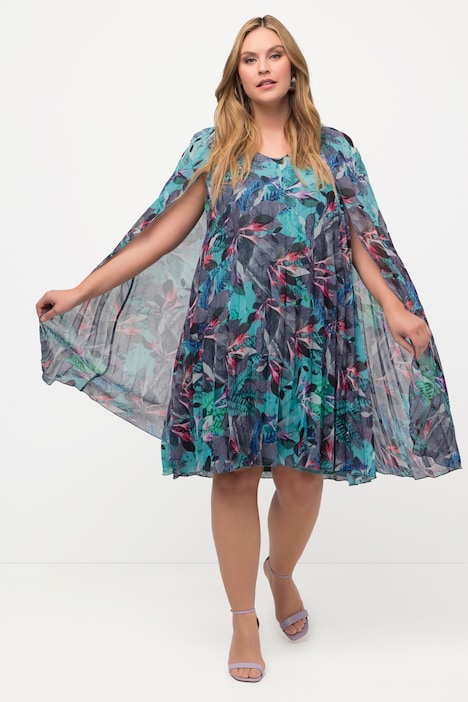 Cape-Midikleid, A-Linie, Plissee, V-Ausschnitt, ärmellos