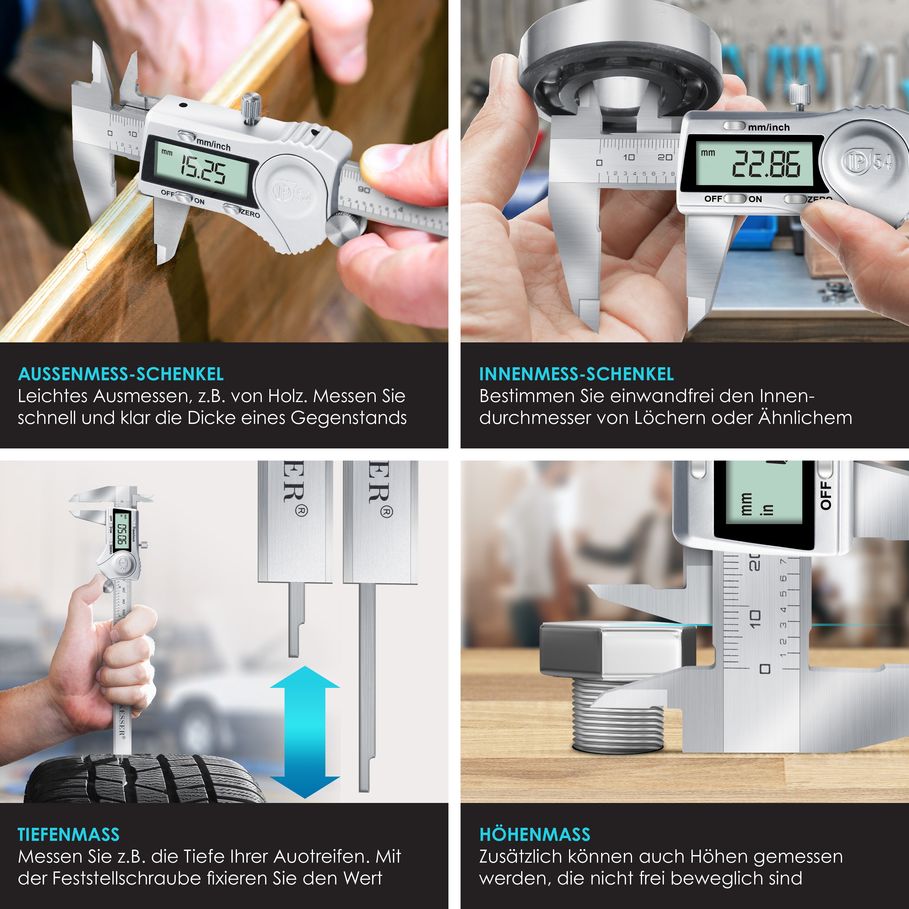 KESSER® Digital Messschieber Edelstahl 150mm LCD Display Inkl. Aufbewahrungsbox Ersatzbatterie Schieblehre Messlehre für Innen-, Außen feinste Abstände und Durchmesser IP54 Spritzwasserdicht