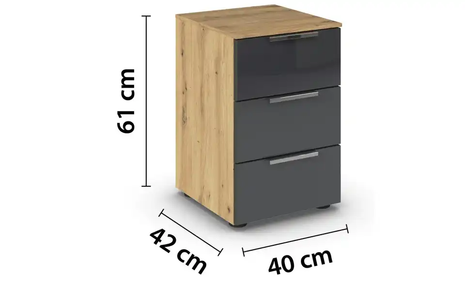 Nachttisch Front: Glas, Oberboden: Dekor verchromt Basaltgrau, Eiche Artisan (Nachbildung)