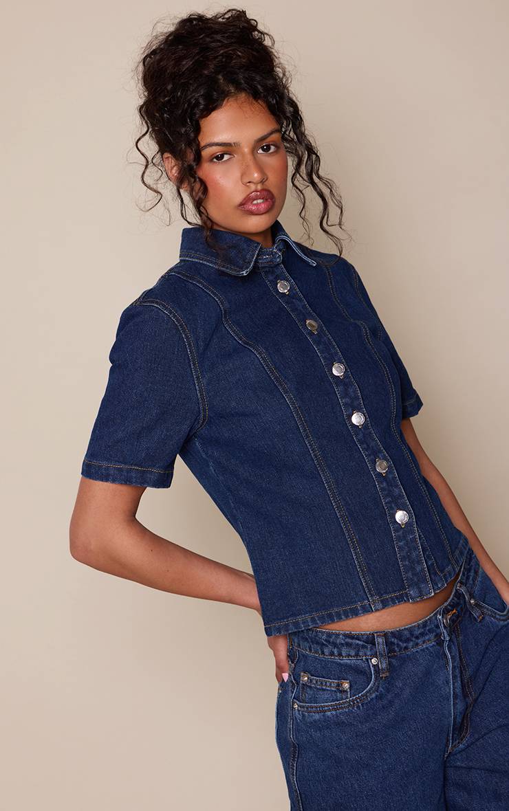 Bleu Indigo Chemise En Jean À Manches Courtes Boutonnée