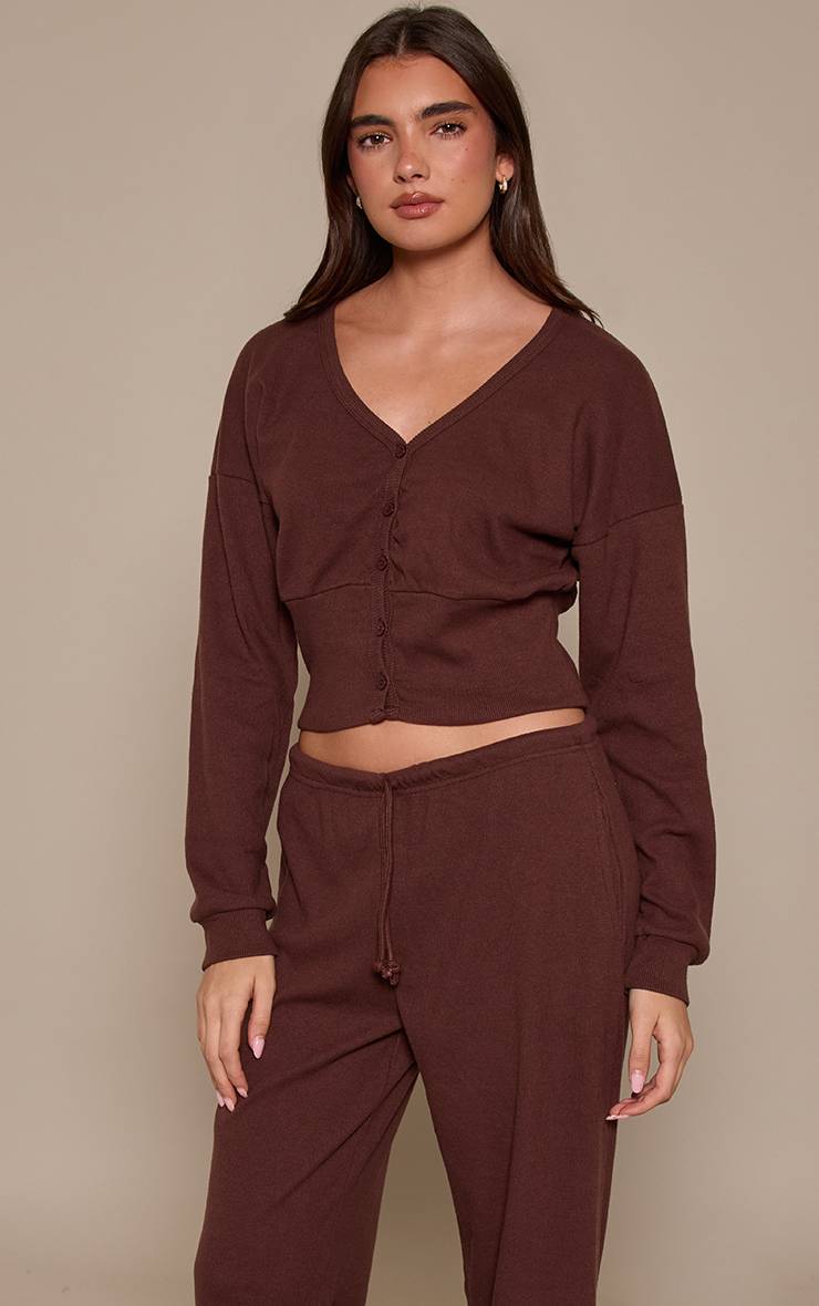 Marron Foncé Ensemble Cardigan Côtelé Doux À Taille Cintrée