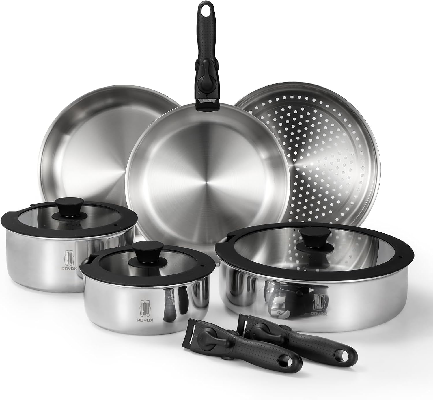 ROYDX 18/10 Edelstahl Pfannenset und Topfset mit Abnehmbarer Griff, Kochtopf Set Induktion, Stapelbar Edelstahlpfanne, Pfanne mit Deckel, ohne PTFE PFOA Topf Set, Spülmaschinen und Ofenfest
