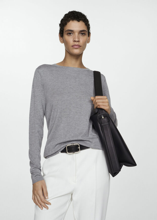 MANGO Fine-knit round-neck sweater Lt pastel grey