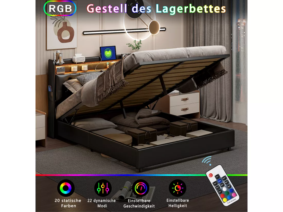 Lit coffre 180x200cm - lit double avec sommier à lattes et tête de lit LED avec étagères et port charge - cuir noir