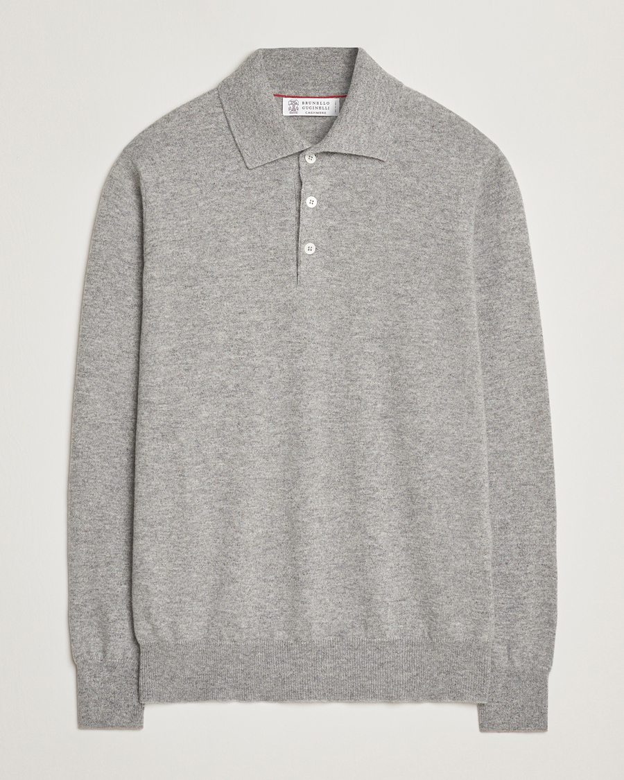 Brunello Cucinelli 2 Ply Cashmere Long Sleeve Polo Grey Melange