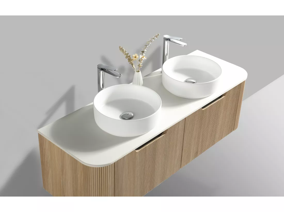 Meuble double vasque rond blanc mat 140 cm chêne clair Aquagiro