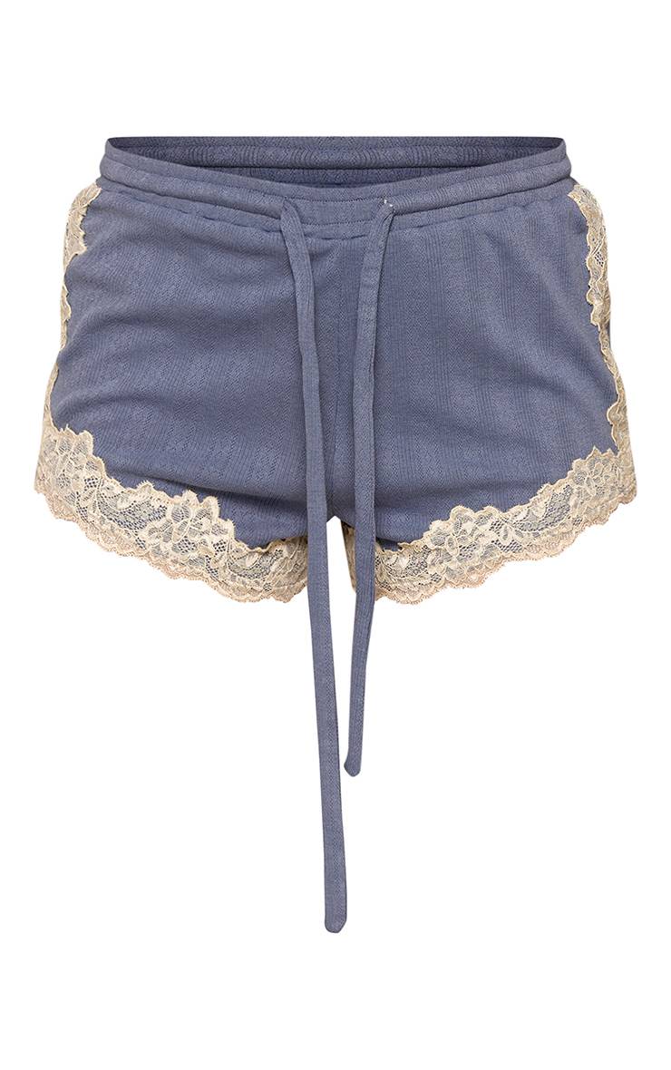 Bleu Short Taille Haute En Pointelle Avec Bordure En Dentelle