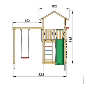 Speeltoestel Jungle Gym Chalet grenen geïmpregneerd met glijbaan donker groen en 1-schommel module