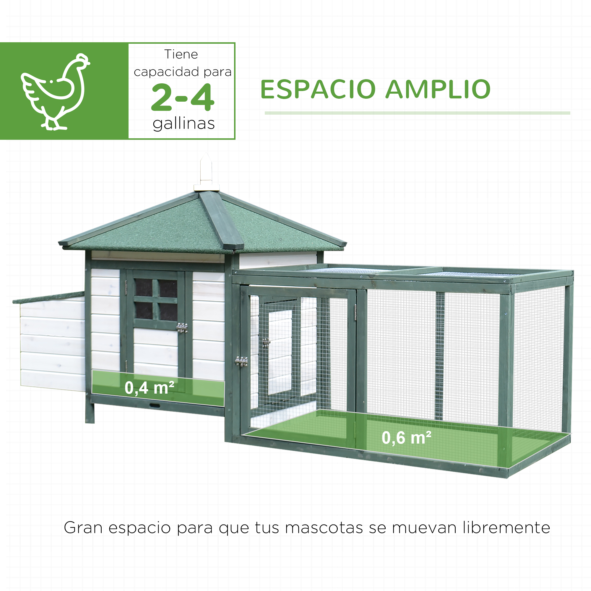 Galinheiro PawHut em madeira de pinho para galinhas, com ninho, bandeja removível e espaço para correr, 196x76x97 cm, verde e branco.