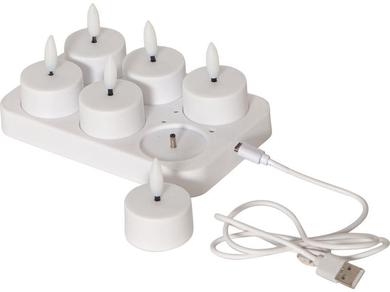 Star Trading LED Teelichter Set Flamme Charge 6er, Weiss Set von 6 wiederaufladbaren Teelichtern