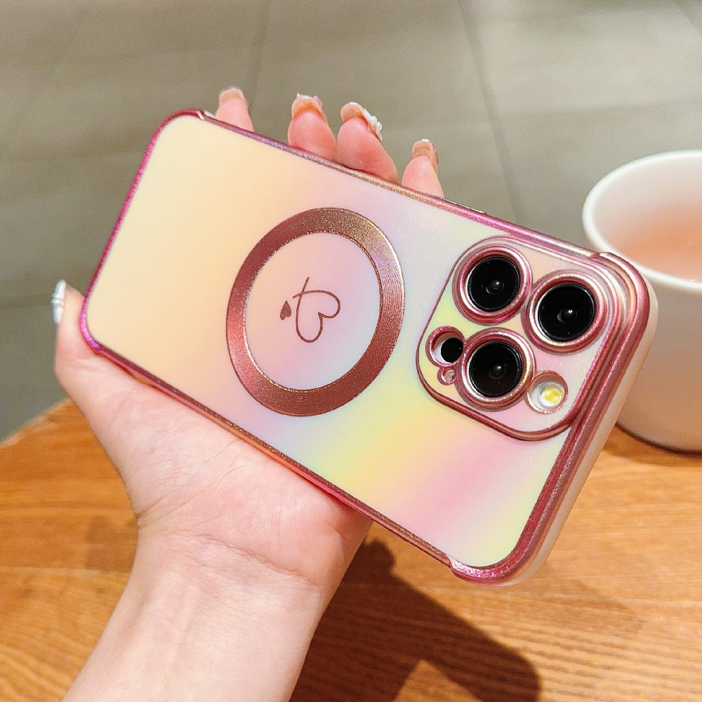 iPhone 16 Pro Max MagSafe Gummi Case Hülle Galvanisierter Rahmen Farbverlauf   Kameraglasschutz - Rosa / Gold