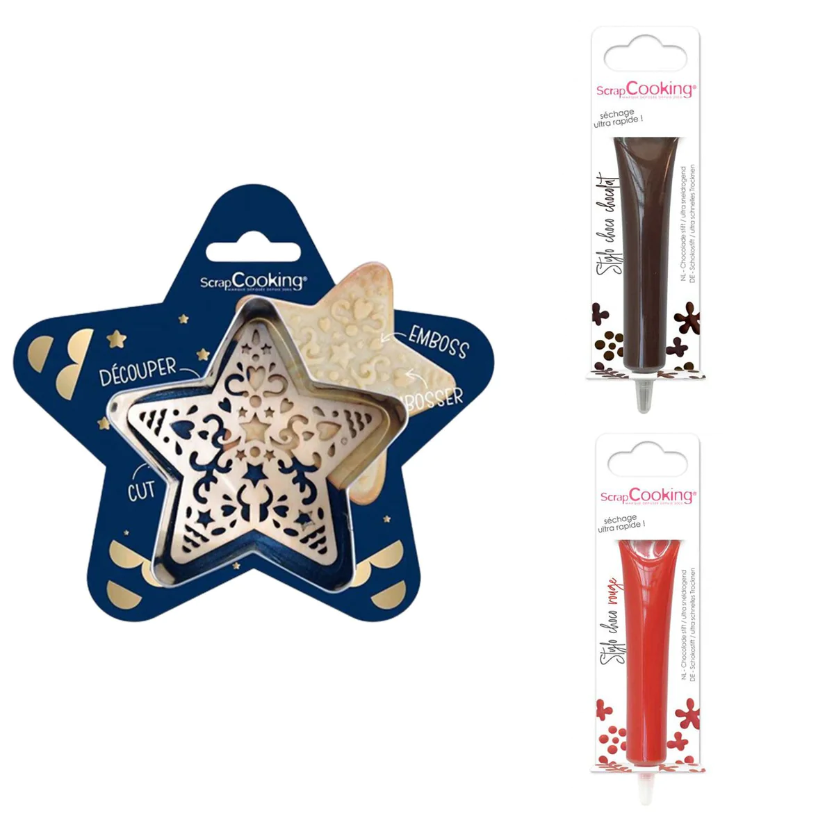 Kit pour biscuit en relief Étoile + 2 Stylos au chocolat marron et rou