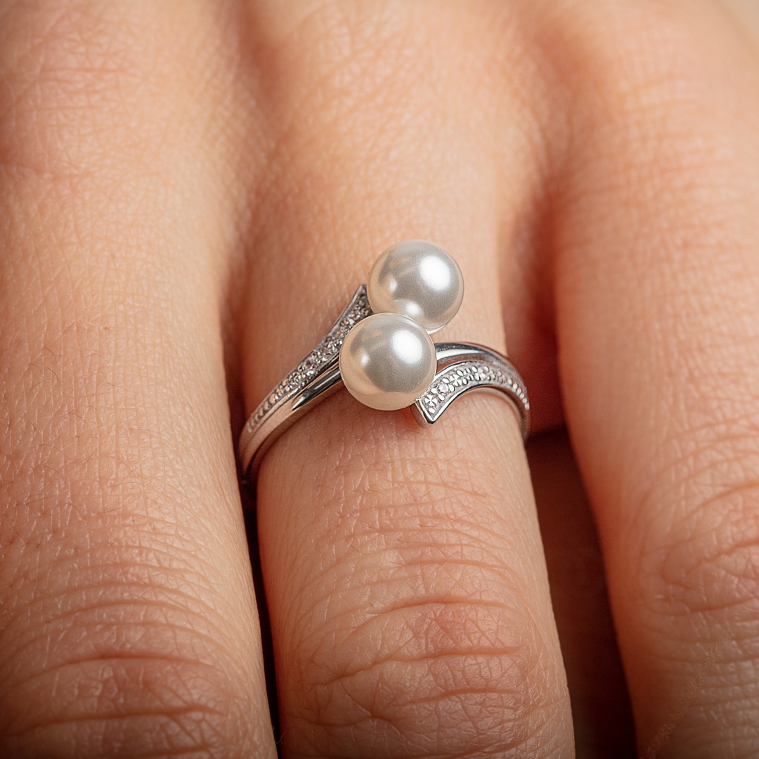 Damenring 925 Silber rhodiniert mit Kunstperleen 6mm und Zirkonia