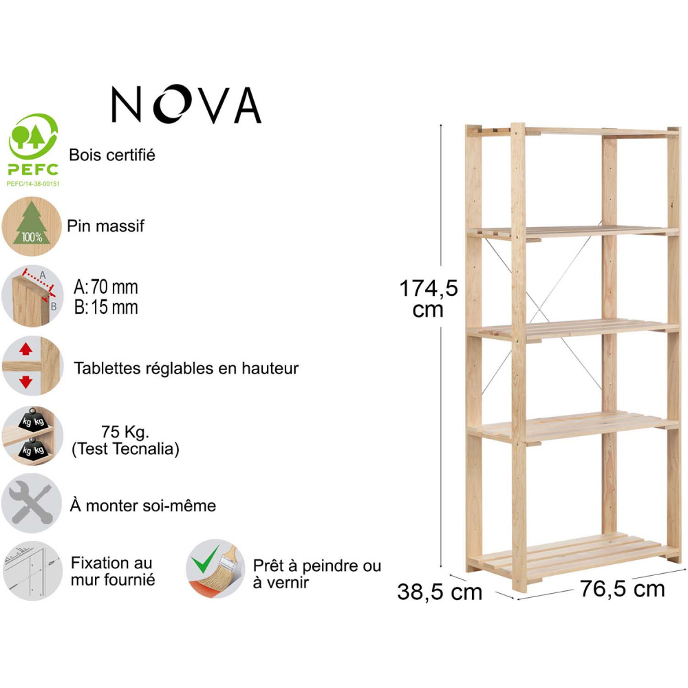 Etagère en pin massif nova 76.5 x 38.5 x 174.5 cm