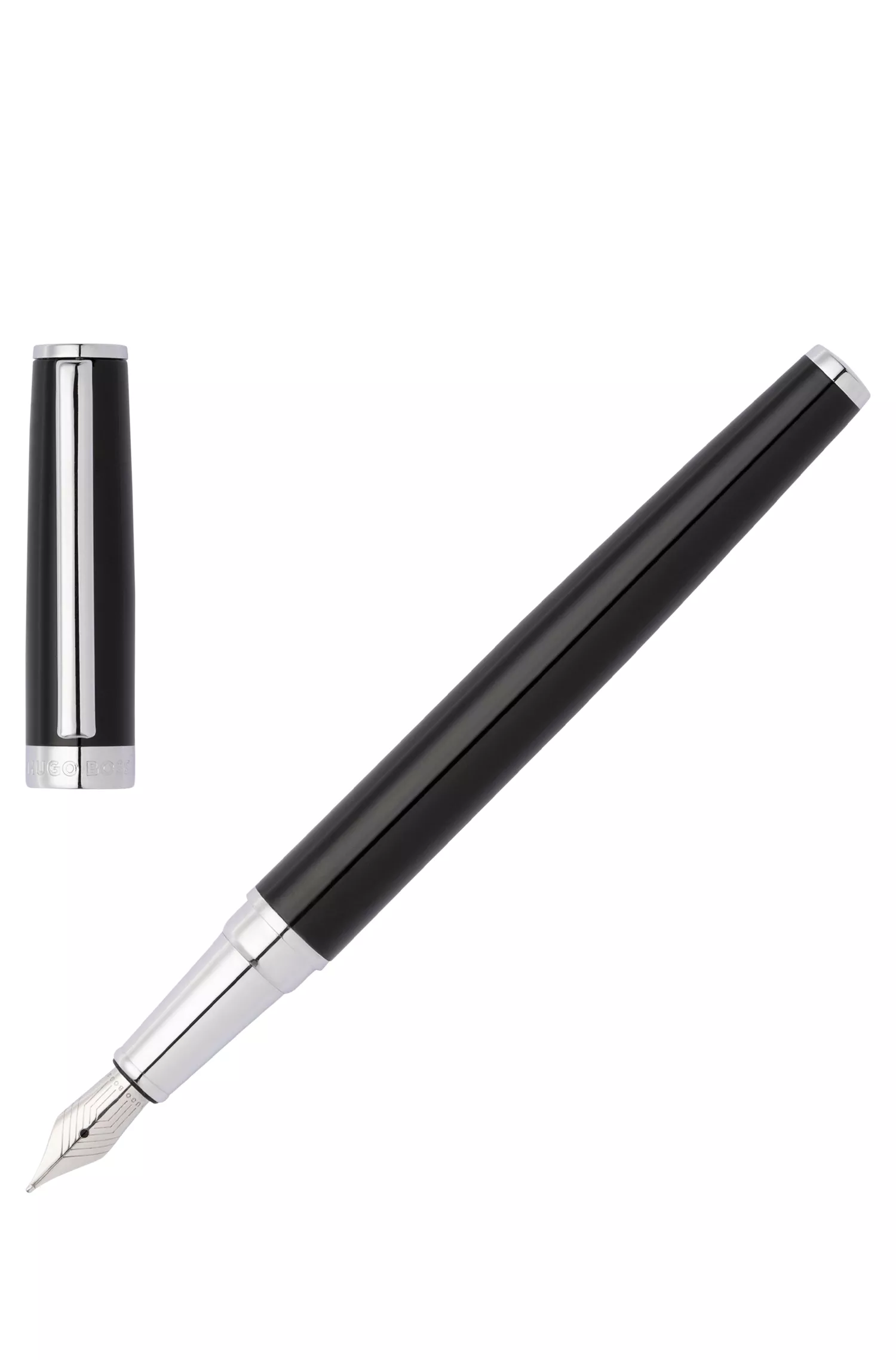 Caneta-tinteiro BOSS preta com acabamento em laca brilhante e anel com o logotipo.