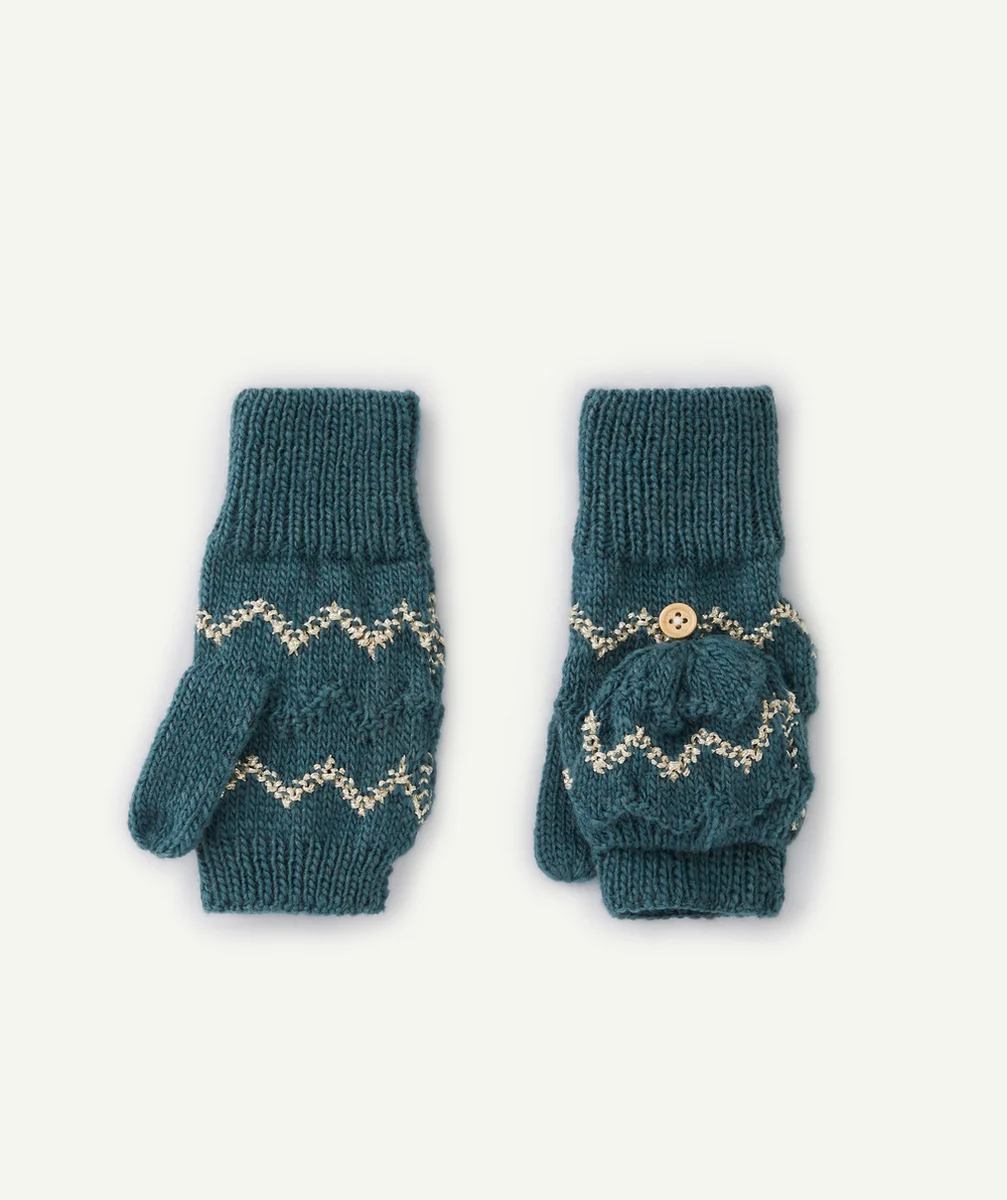 MOUFLES TRICOT FILLE EN FIBRES RECYCLÉES BLEU ET COULEUR ARGENTÉE