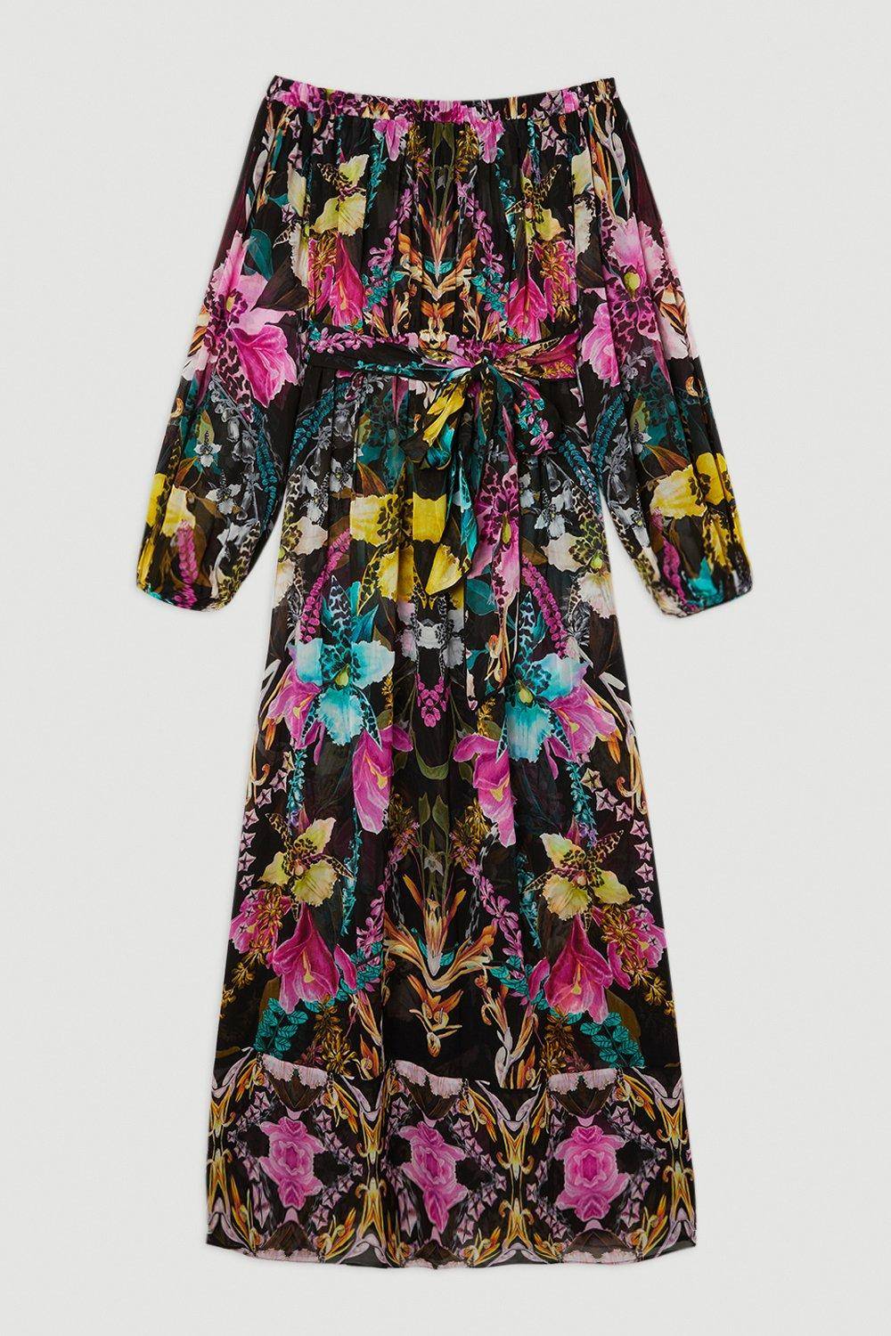 KarenMillen Robe maxi de plage Bardot en viscose géorgette tropical miroir