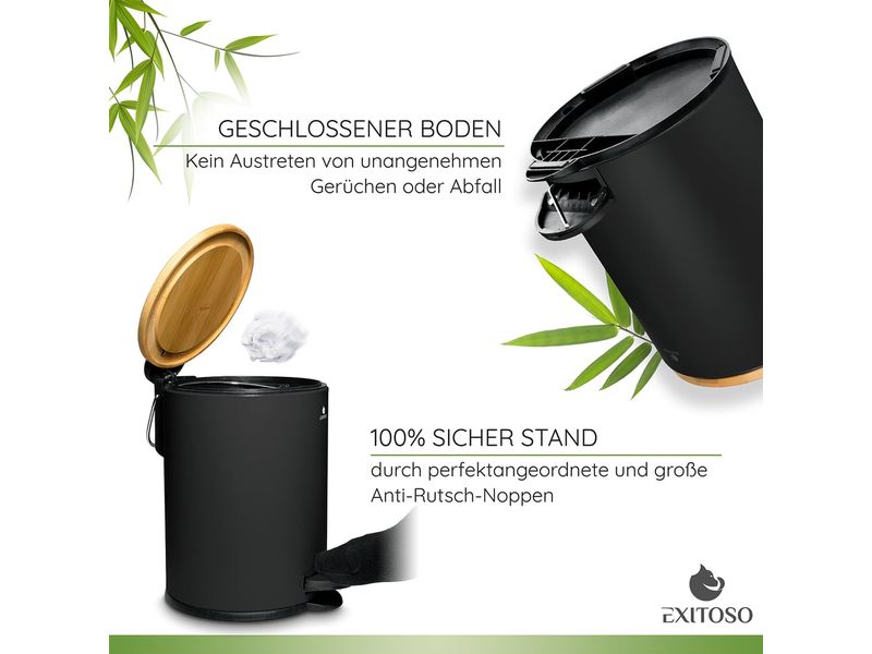 Exitoso Tretmülleimer mit Softclose-Deckel 3 l, Schwarz Abfalleimer aus Bambus