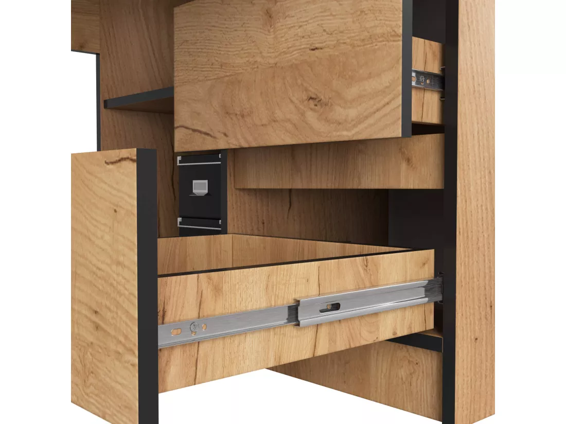 Bureau AKORD d'angle droit B20 Chêne Craft 155 cm 1 porte 3 tiroirs façade Chêne Craft 4 étagères 155x85x77 cm