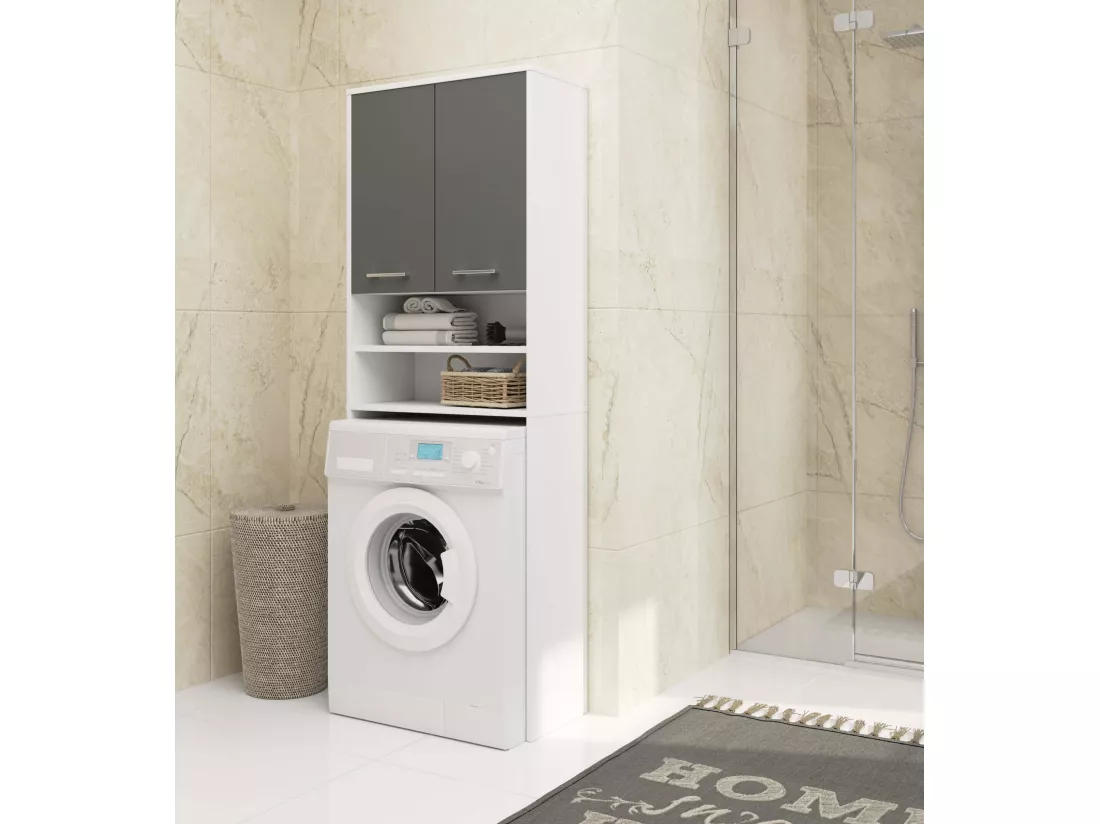 Meuble pour machine à laver FIN Blanche 64 cm 2 portes façade Gris Graphite niche 4 étagères 64x30x180 cm