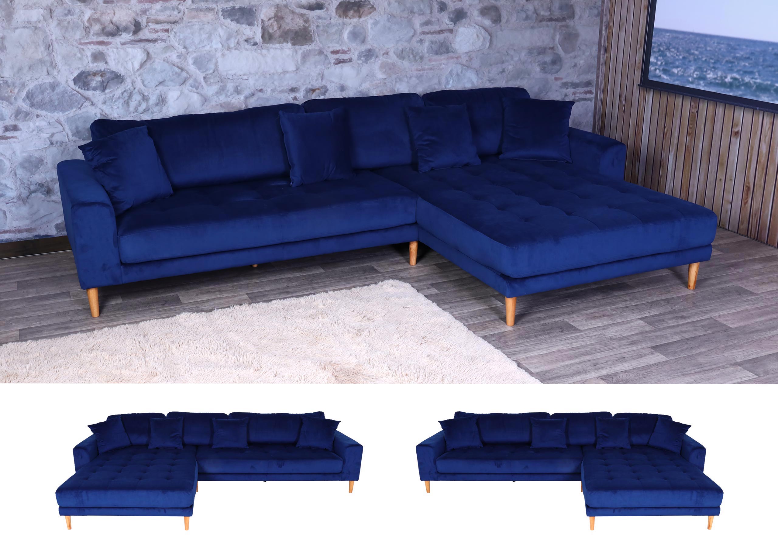 Ecksofa MCW-J54, Couch Sofa 3-Sitzer L-Form Liegefläche links/rechts 295cm ~ Samt blau