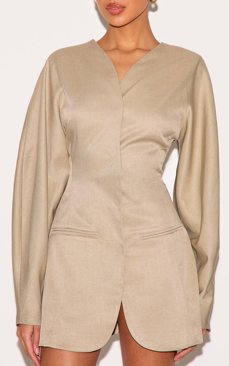 Gris Argile Robe Blazer Sans Col En Tissu Tissé À Manches Ballon
