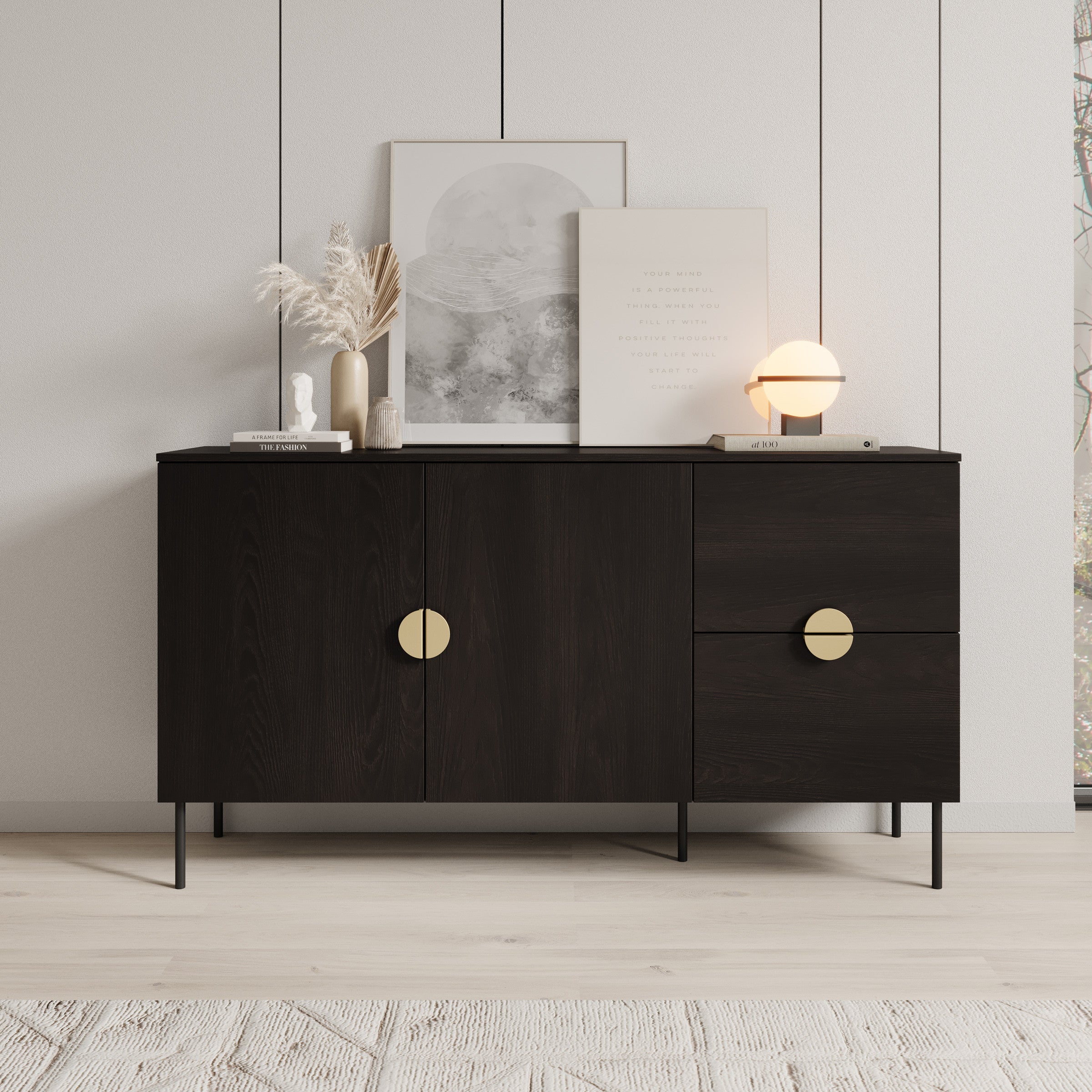 Meubella - Dressoir Monor - Zwart eiken - 160 cm
