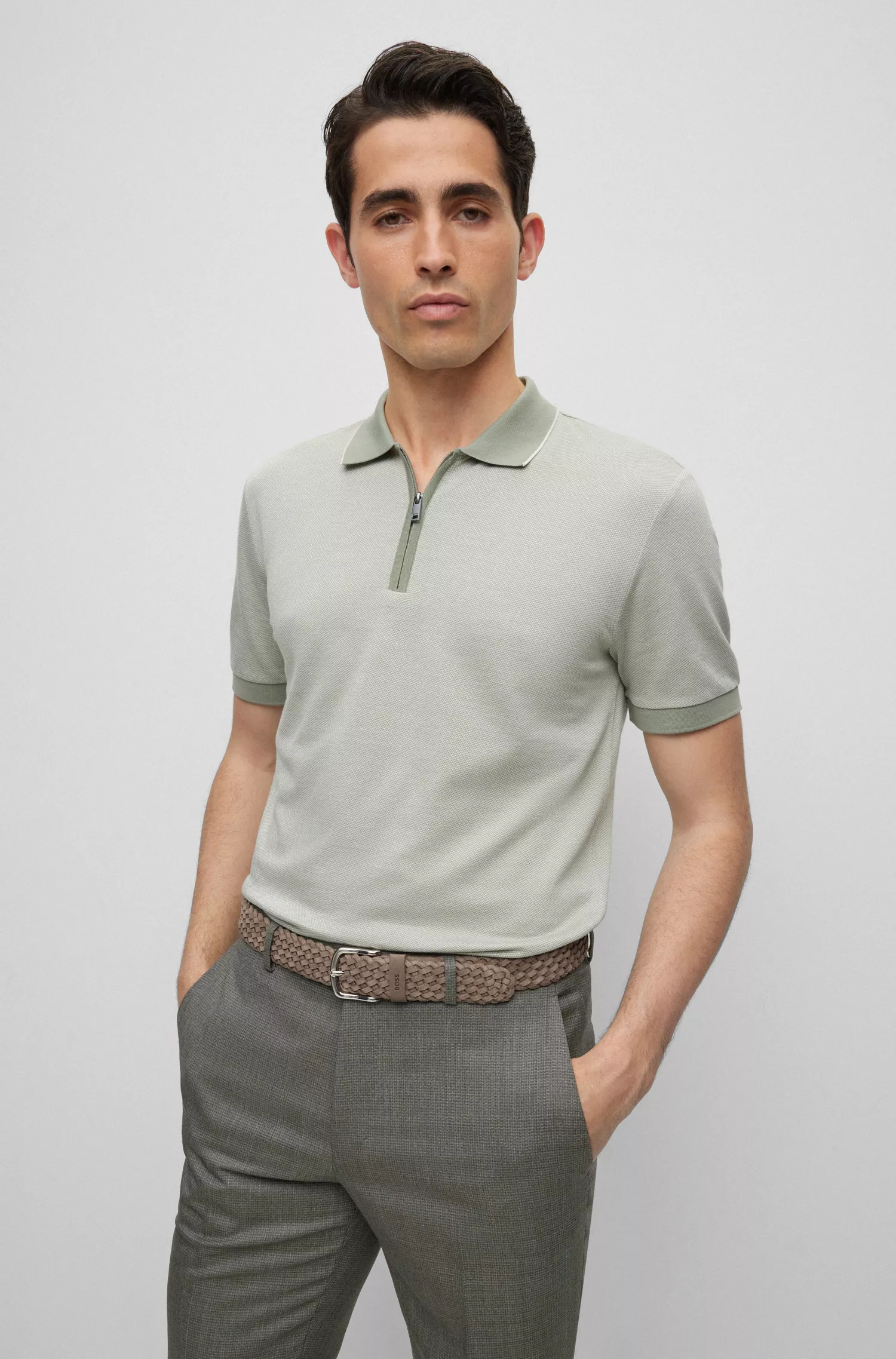 Camisa polo BOSS Camel com microestampa em algodão e seda.
